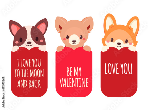 Set of Valentine's day cards with cute dogs. Baby collection of gift tag with animal. Template holiday banner, sticker for decoration, congratulation, invitation. Vector illustration EPS8