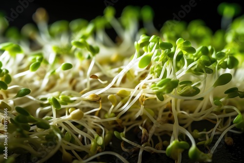  sprouts of alfalfa sprouts are sprouting on top of each other on a black surface.