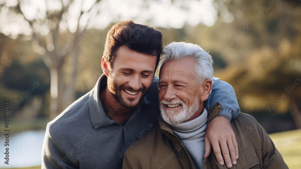 Senior father spending time with his adult son walking in the park. A man hugs his elderly father, relaxation and lifestyle after retirement concept Senior father spending time with his adult son walking in the park. A man hugs his elderly father, relaxation and lifestyle after retirement concept
