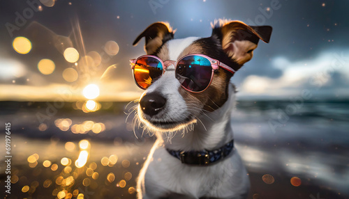 Jack Russell sur une plage avec des lunettes de soleil photo