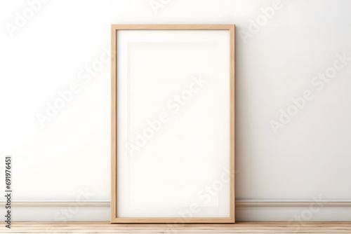 Single wooden empty picture frame leaning on white wall. Poster mockup photo