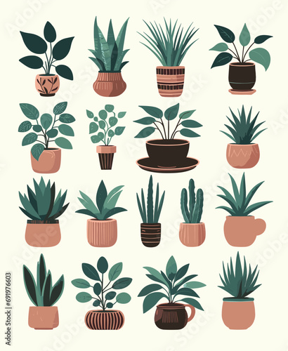 A set of stylish potted plants for home and office decor. Trendy flat-style illustrations with simple graphic design for urban jungles