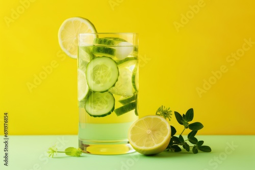  a glass of cucumber water with a slice of lemon and a sprig of mint on the side.