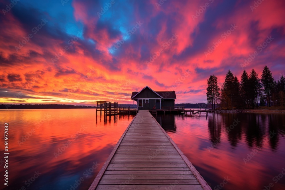  a dock leading to a house on a lake with a colorful sky in the background and a dock in the foreground.