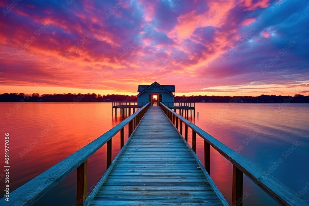  a wooden pier extending into a body of water with a red and blue sky in the background and a house on the end of the dock.