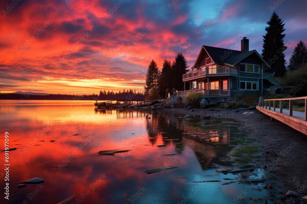 a house sits on the shore of a lake as the sun sets over the water and clouds are reflected in the water. a house sits on the shore of a lake as the sun sets over the water and clouds are reflected in the water.