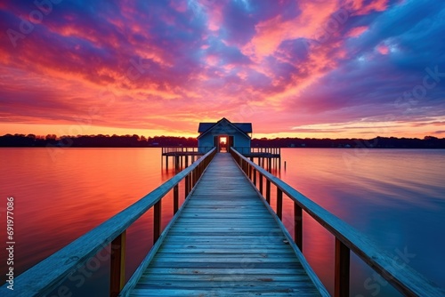  a wooden pier extending into a body of water with a red and blue sky in the background and a house on the end of the dock.