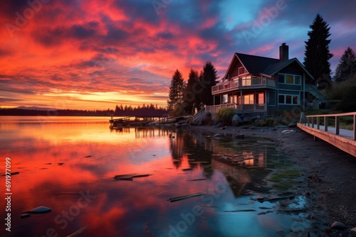  a house sits on the shore of a lake as the sun sets over the water and clouds are reflected in the water.
