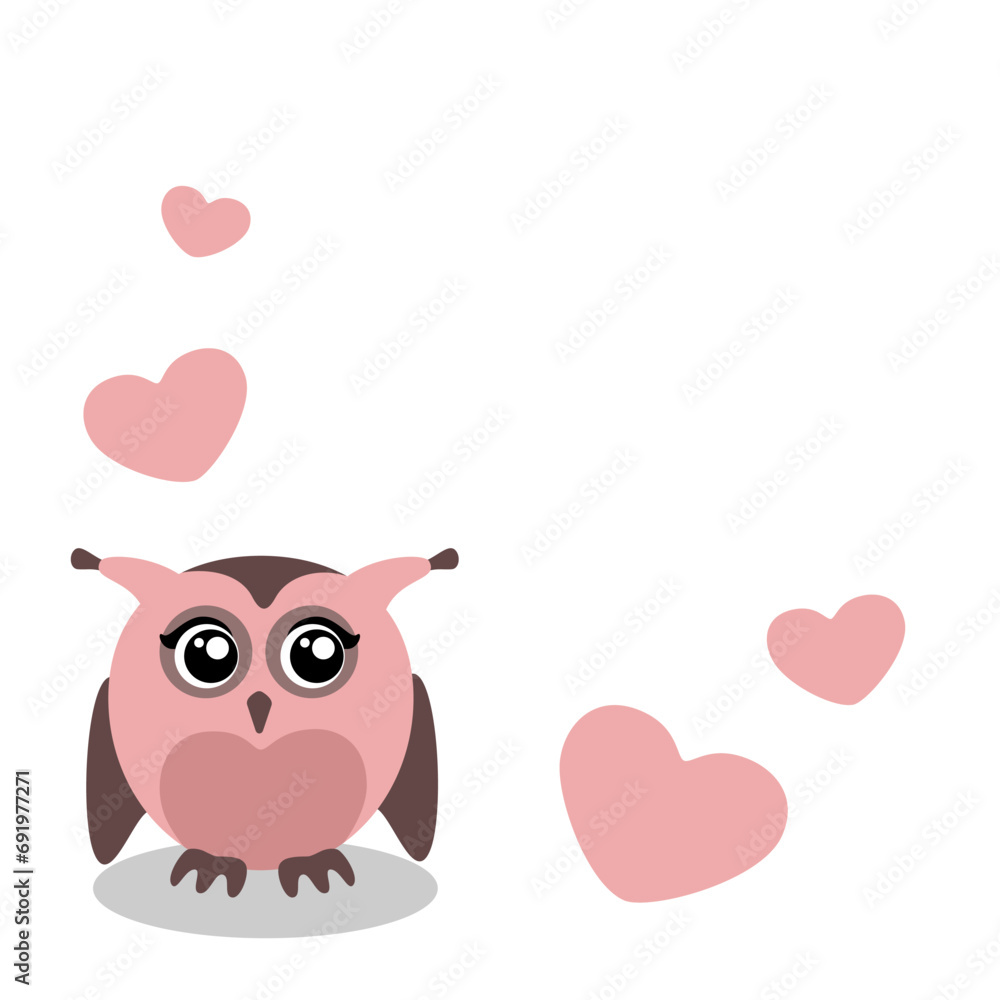 Valentine's card with cute owl with hearts on simple white background for Mother's Day Valentine's card with cute owl with hearts on simple white background for Mother's Day