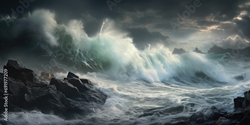 huge storm waves in the sea on the rocky coast, cloudy sky, banner, poster