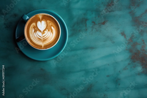 a cup of cappuccino on a saucer on a green marble table with a leaf design in the foam. photo