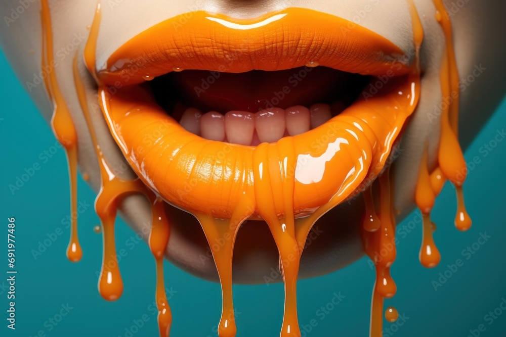  a close up of a woman's mouth with orange liquid dripping from the lip and orange lips on a blue background. - obrazy, fototapety, plakaty 