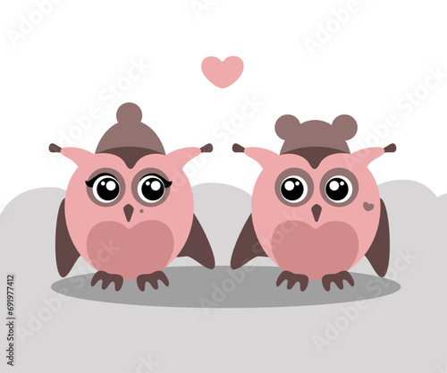 Valentine card with two cute owls girls with hearts on simple light background for lesbians illustration