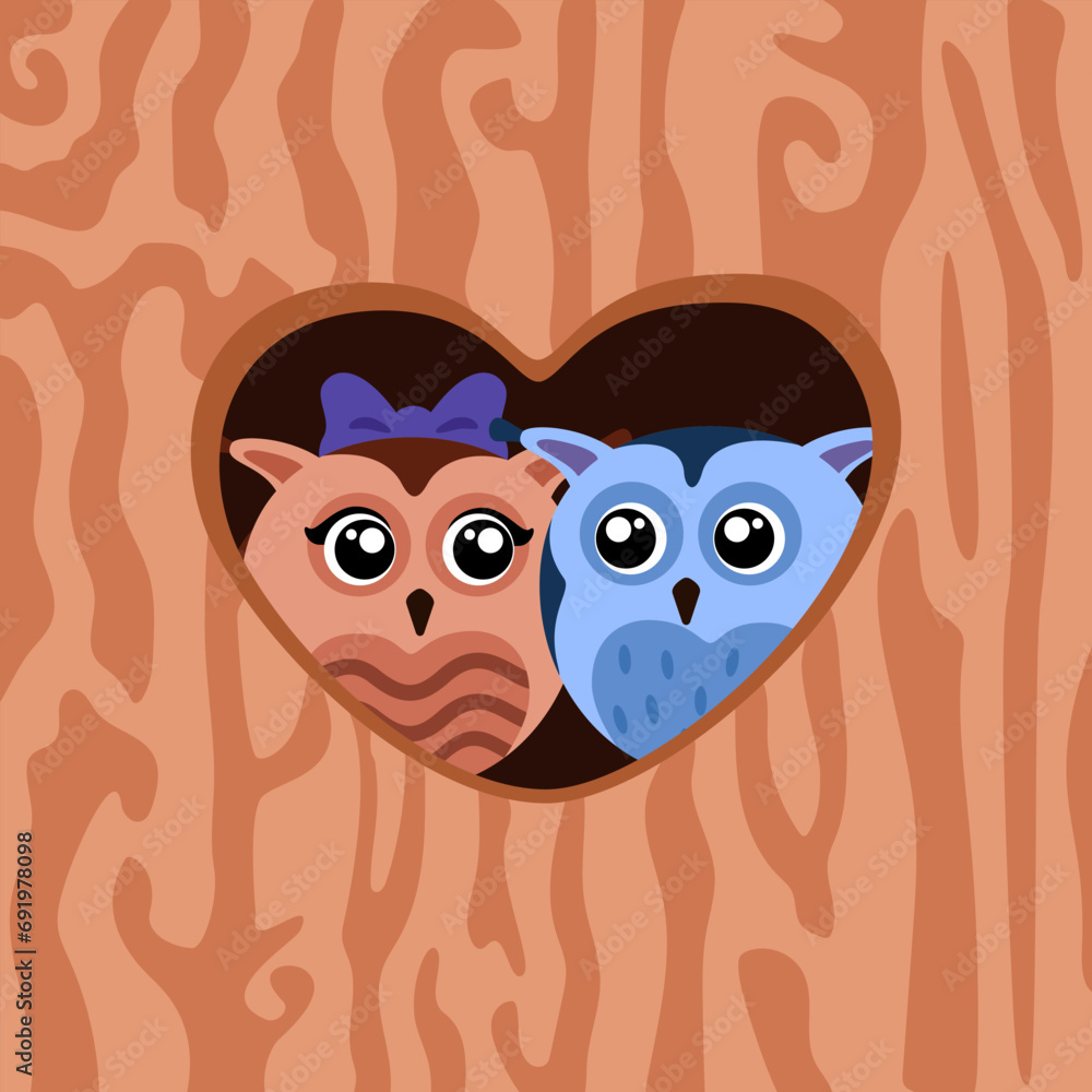 Fototapeta premium Illustration with pair of owls in heart-shaped hollow tree structure design element love