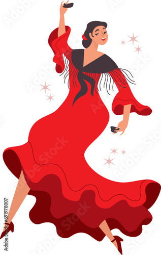 Young beautiful flamenco dancer. Woman in red traditional spanish dress dancing with castanets.