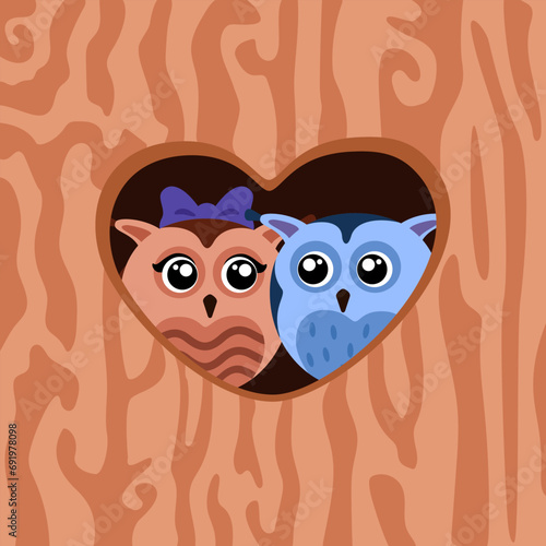Illustration with pair of owls in heart-shaped hollow tree structure design element love