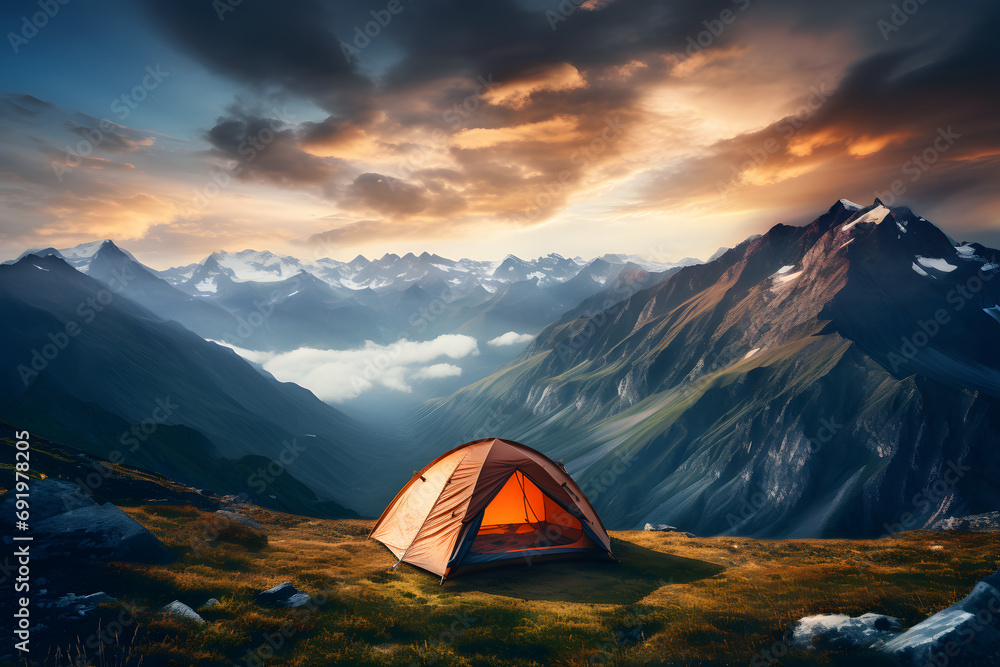 tourist tent camping in mountains. Generative AI.