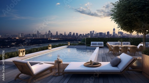A rooftop terrace with a sleek infinity pool, lounge chairs, and panoramic city views