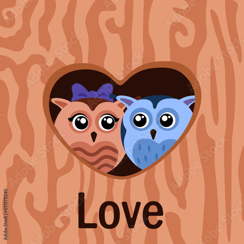 Illustration with pair of owls in heart shaped hollow with inscription love