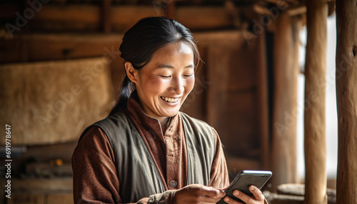 Traditional Chinese woman in village,farm landscape watching on her mobile phone and laughing. Asian elderly woman using smartphone,social media or texting in China