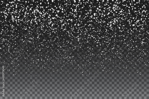 Falling realistic snowflakes on a transparent background for winter decor. Frost storm effect. New Year and Christmas background with snow in the air. Snow wallpaper, decorative element.
