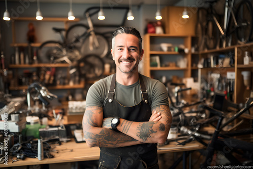 Happy, portrait and repair man in bicycle shop with arms crossed in small business workshop isolated on white background. Generative AI. photo