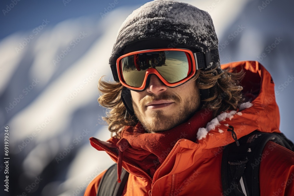 a man in an orange jacket wearing ski goggles and a red jacket with a black hat and goggles. a man in an orange jacket wearing ski goggles and a red jacket with a black hat and goggles.
