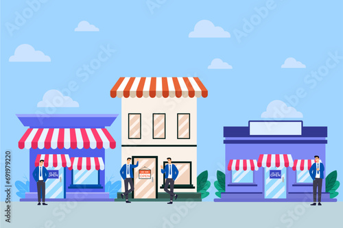 Small business idea, successful entrepreneur with small retail shop or storefront, shop owner or merchandise opportunity concept