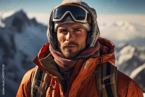  a man in an orange jacket and goggles standing in front of a mountain with snow capped mountains in the background.