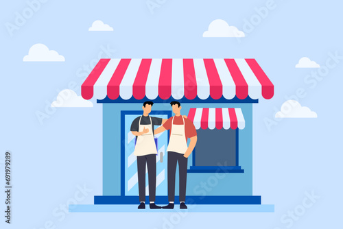 Small business idea, successful entrepreneur with small retail store or storefront, store owner or merchandise opportunity concept, two people working together building a business hugging each other