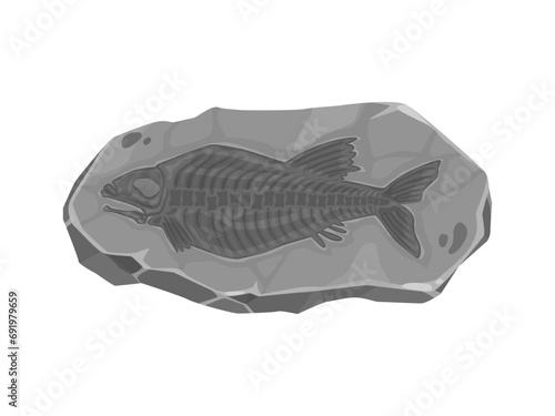 Ancient fish fossil imprint in stone. Prehistoric era aquatic life stone fossil, ocean, sea or river fish skeleton bones archaeological find, paleontology science animal body rock imprint