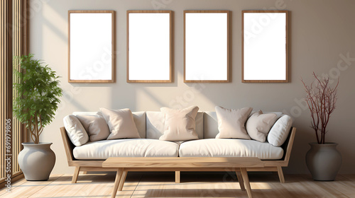 modern living room with sofa and photo frames