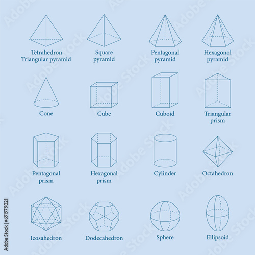 3D geometric shapes seamless pattern. Triangular, pentagonal and hexagonal prism and pyramid. Cone, cube, cuboid, cylinder, octahedron, icosahedron, dodecahedron, sphere and ellipsoid. Vector.
