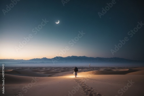 Rear view of a Muslim Arab man walking through the desert in the evening at night against the backdrop of mountains and a beautiful magical sky with stars and moon.
