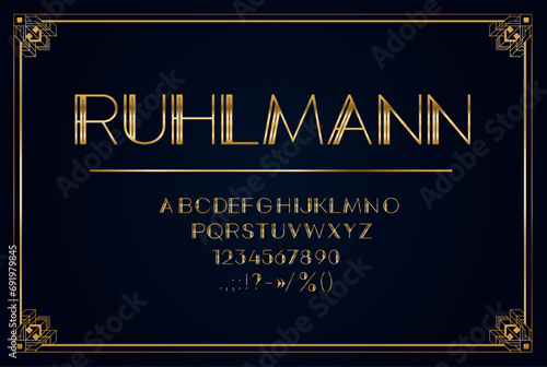 Art deco font, elegant luxury type and golden letters typeface of 1920s, vector retro English alphabet. Art deco typography font or gold vintage typeset for luxury premium text or chic posh typeset