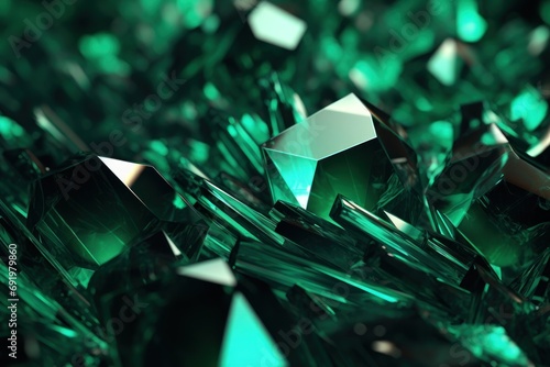  a close up view of a bunch of shiny green glass cubes on a black background with a shallow focus on the top of the cubes.