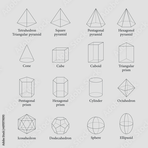 3D geometric shapes seamless pattern. Triangular, pentagonal and hexagonal prism and pyramid. Cone, cube, cuboid, cylinder, octahedron, icosahedron, dodecahedron, sphere and ellipsoid. Vector.
