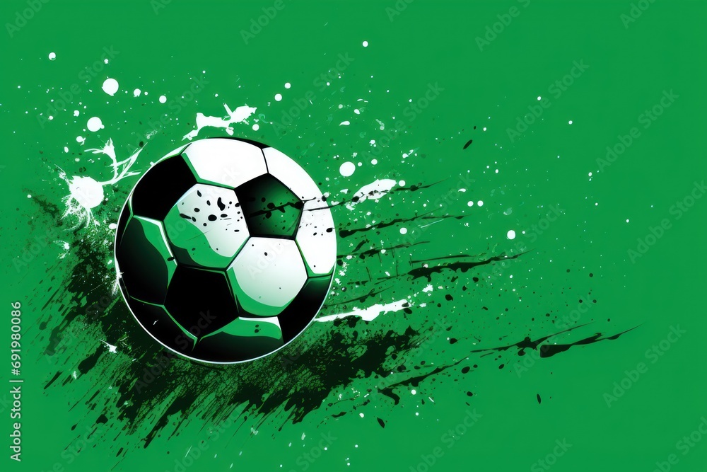  a soccer ball with paint splatters and sprays on a green background with a black and white soccer ball.