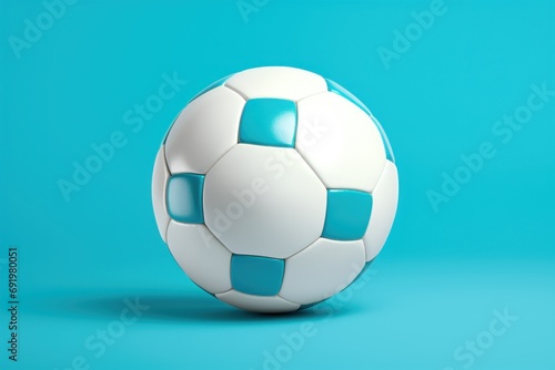  a white and blue soccer ball sitting on top of a blue and green background with a shadow on the bottom of the ball.