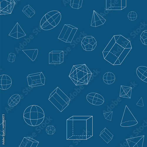 3D geometric shapes seamless pattern. Triangular, pentagonal and hexagonal prism and pyramid. Cone, cube, cuboid, cylinder, octahedron, icosahedron, dodecahedron, sphere and ellipsoid. Vector.