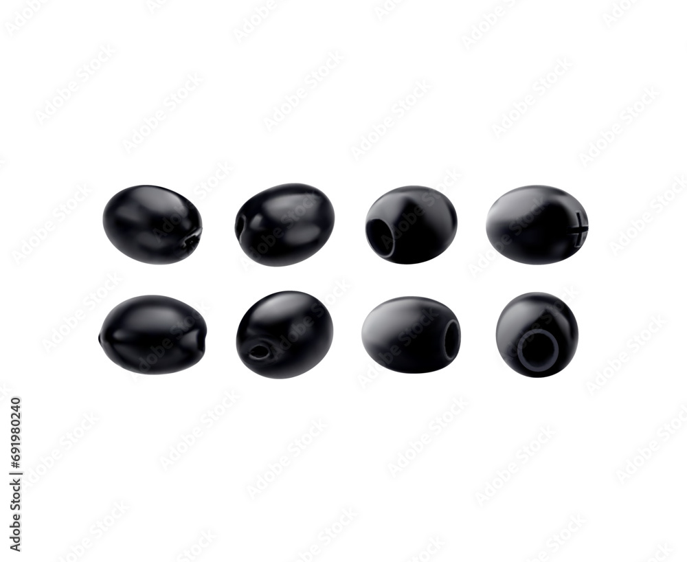 Realistic isolated black olives, whole with seeds and pitted for organic food, vector set. Raw black olives for pickles snack package, farm harvest, organic natural food and cuisine cooking - obrazy, fototapety, plakaty 