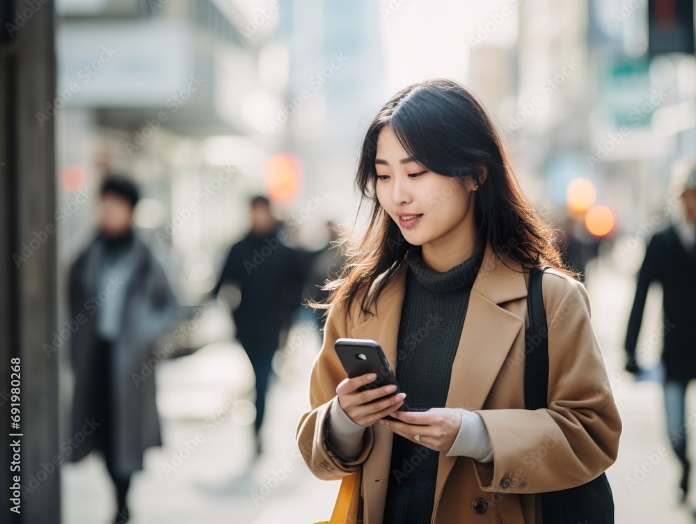 Asian young woman using smartphone in city street Asian young woman using smartphone in city street