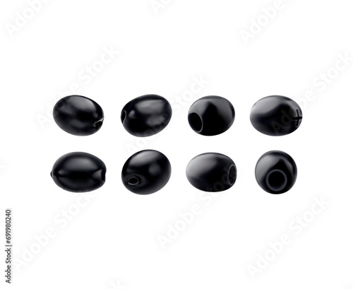 Realistic isolated black olives, whole with seeds and pitted for organic food, vector set. Raw black olives for pickles snack package, farm harvest, organic natural food and cuisine cooking