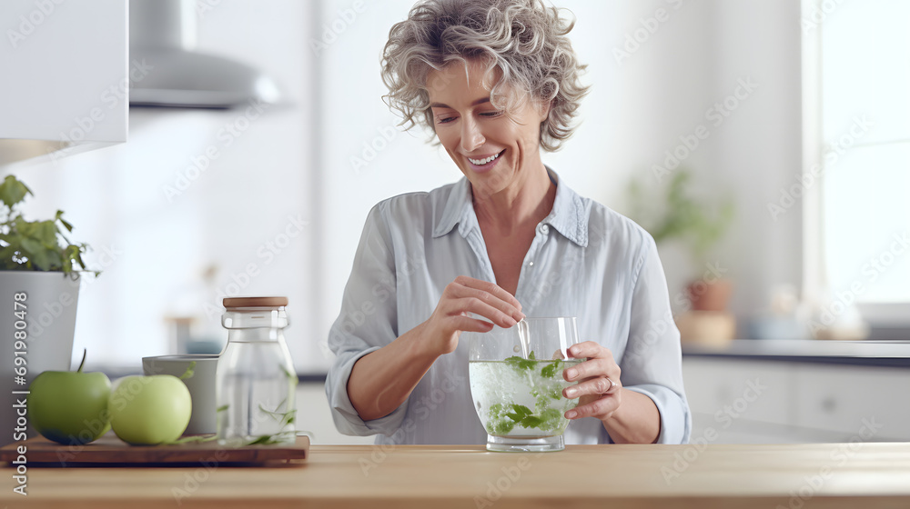 Mature woman pouring detox water in glass at home isolated on white background. Generative AI. - obrazy, fototapety, plakaty 