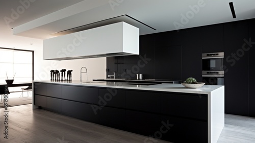 A sleek minimalist kitchen with black and white color scheme and built-in appliances