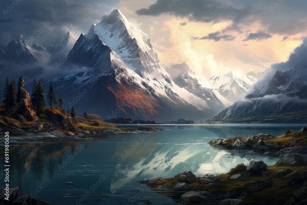  a painting of a mountain range with a lake in the foreground and a cloudy sky in the back ground.