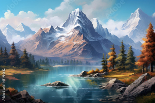  a painting of a mountain landscape with a lake and trees in the foreground and a mountain range in the background.