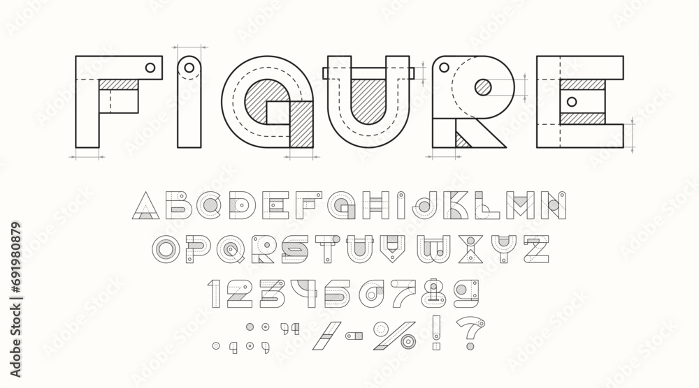 Technical font, architect type or construction typeface English alphabet, vector blueprint typography. Technical drawing letters, architecture draw line ABC text or engineer geometric sketch typeset - obrazy, fototapety, plakaty 