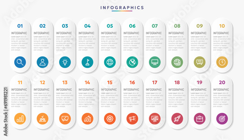 Modern business infographic template with 20 options or steps icons.