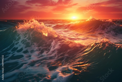  a painting of a sunset over a large body of water with a wave in the foreground and a setting sun in the background.